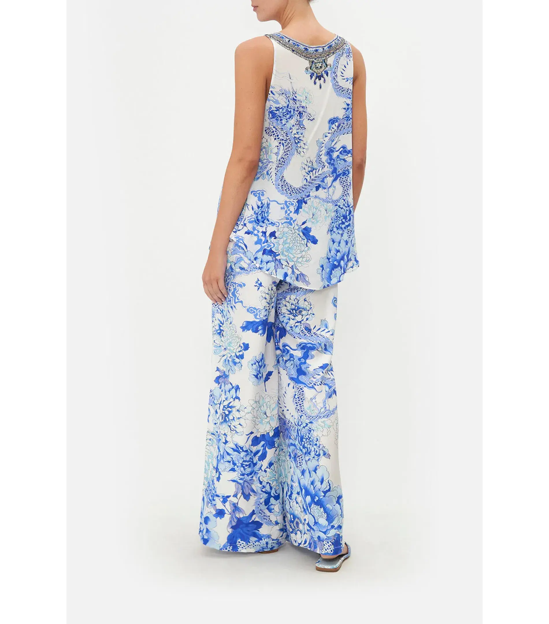 Camilla Tank Top With Strap Bead Detail White/Blue Size M / AU 12 - Image 2