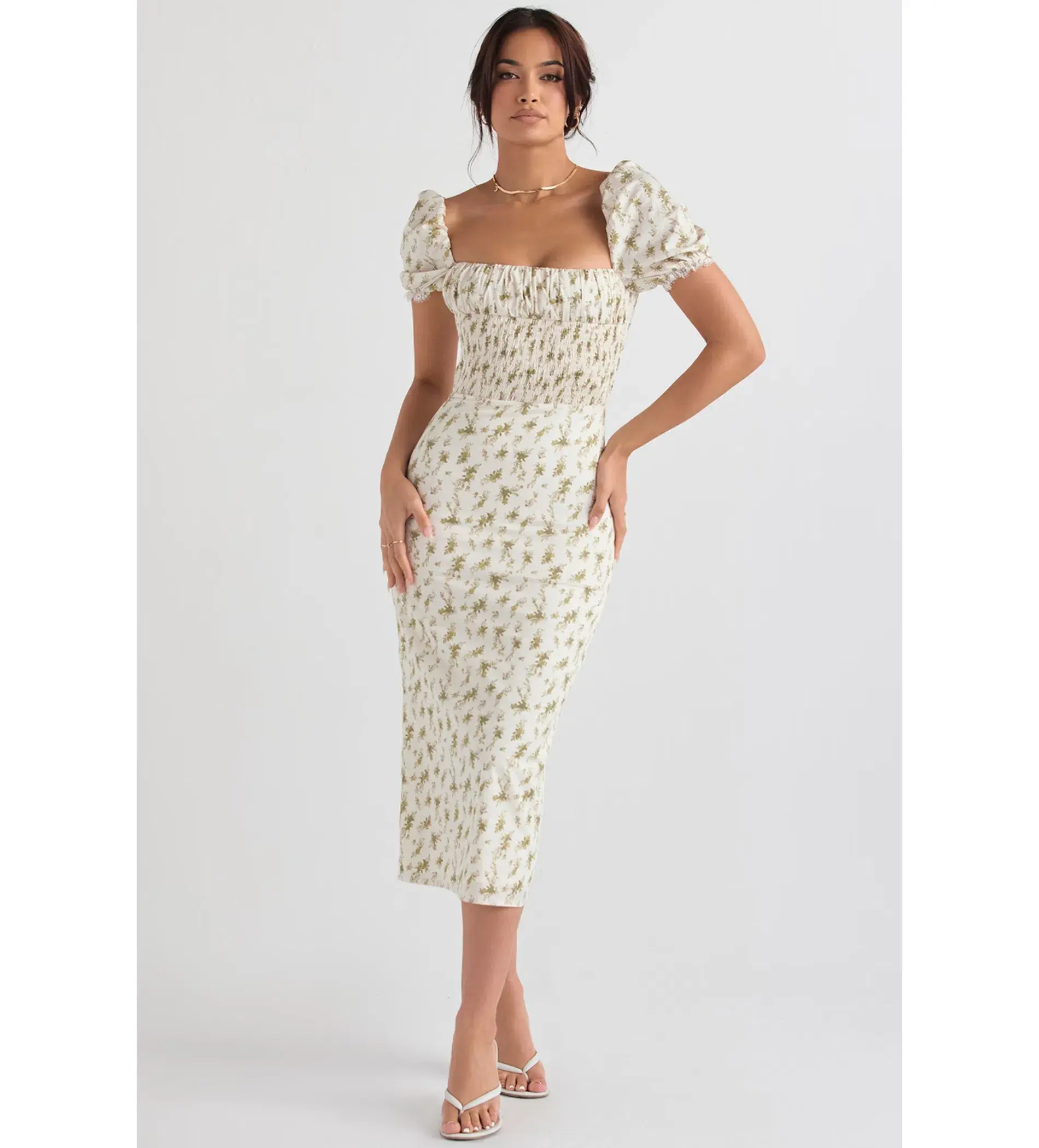 House of CB Bellucci Shirred Midi Dress in Garden Print Green Size M /US 6 /AU 10  - Image 1