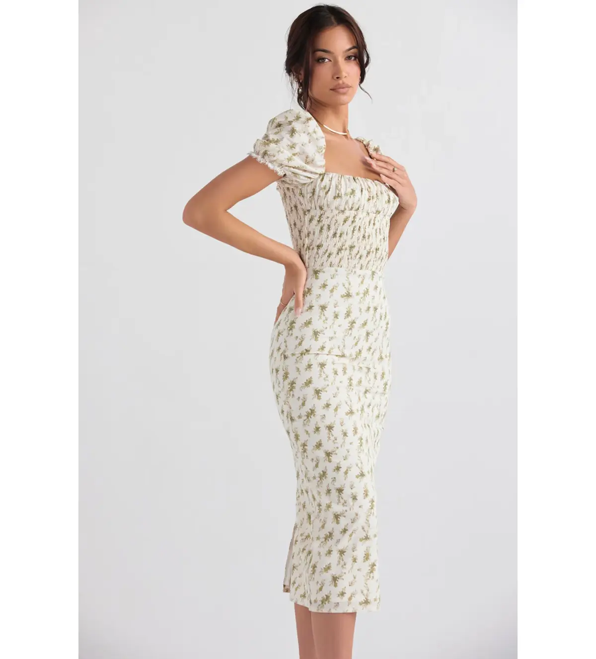 House of CB Bellucci Shirred Midi Dress in Garden Print Green Size M /US 6 /AU 10  - Image 3