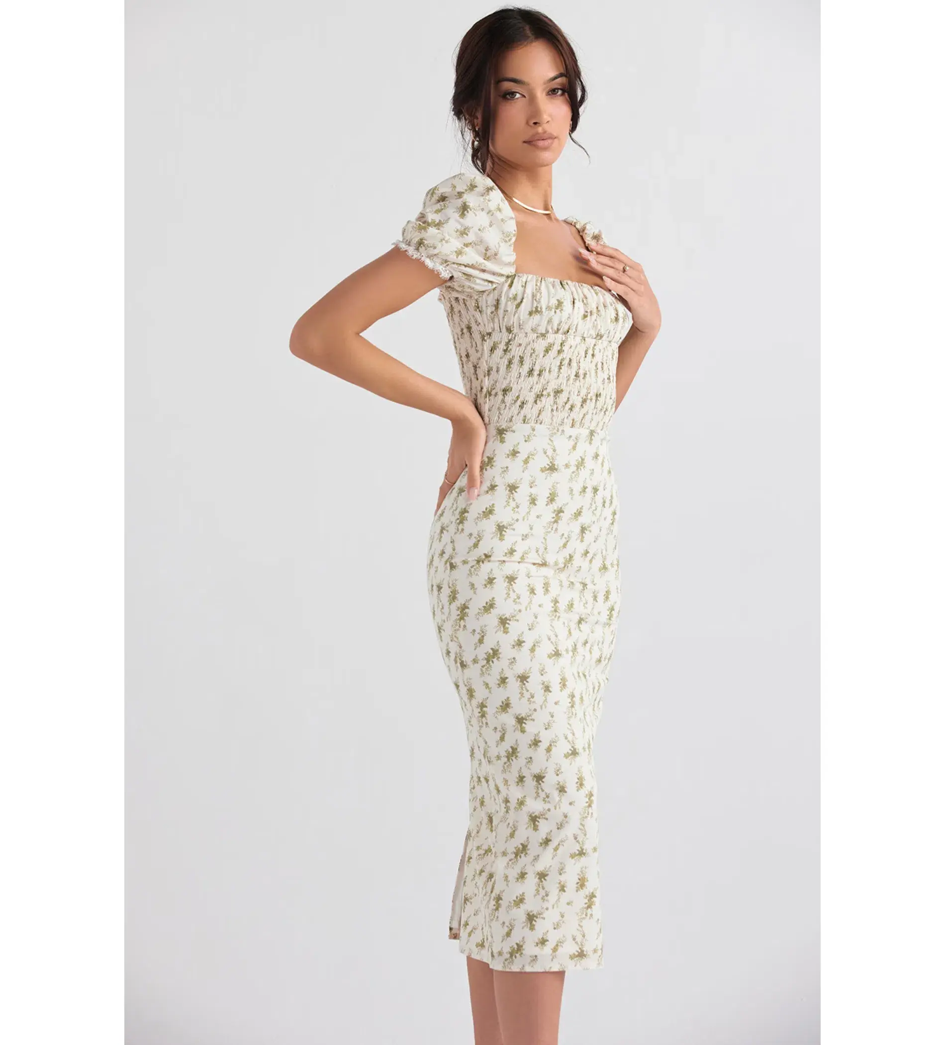 House of CB Bellucci Shirred Midi Dress in Garden Print Green Size M /US 6 /AU 10  - Image 3