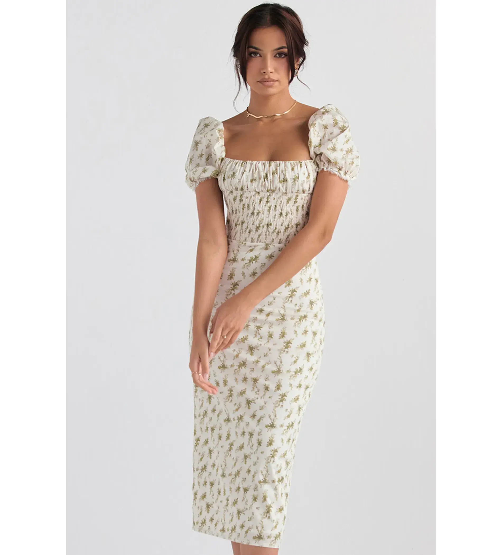 House of CB Bellucci Shirred Midi Dress in Garden Print Green Size M /US 6 /AU 10  - Image 2