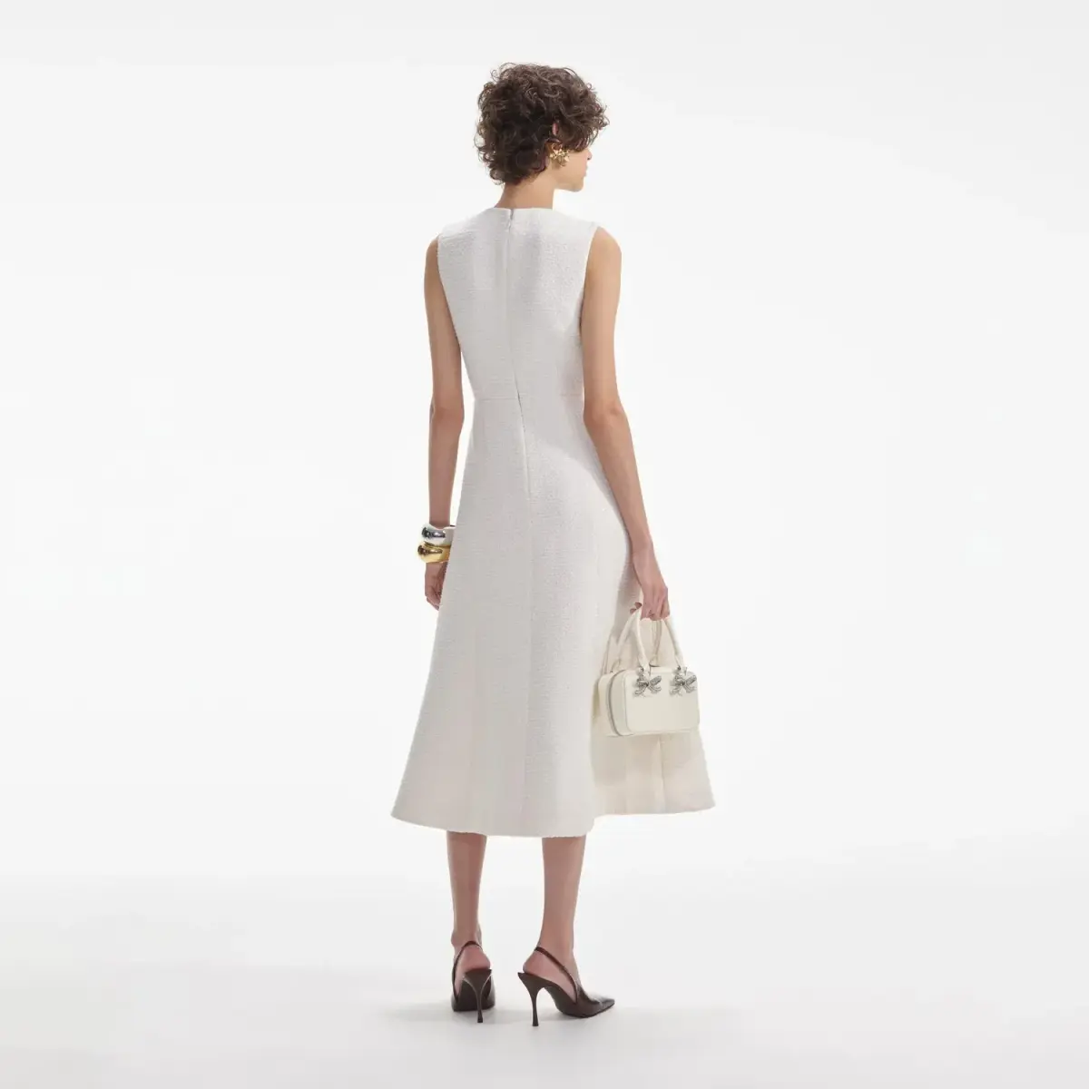 Self-Portrait Cream Tinsel Boucle Buttoned Midi Dress Size 10 - Image 3