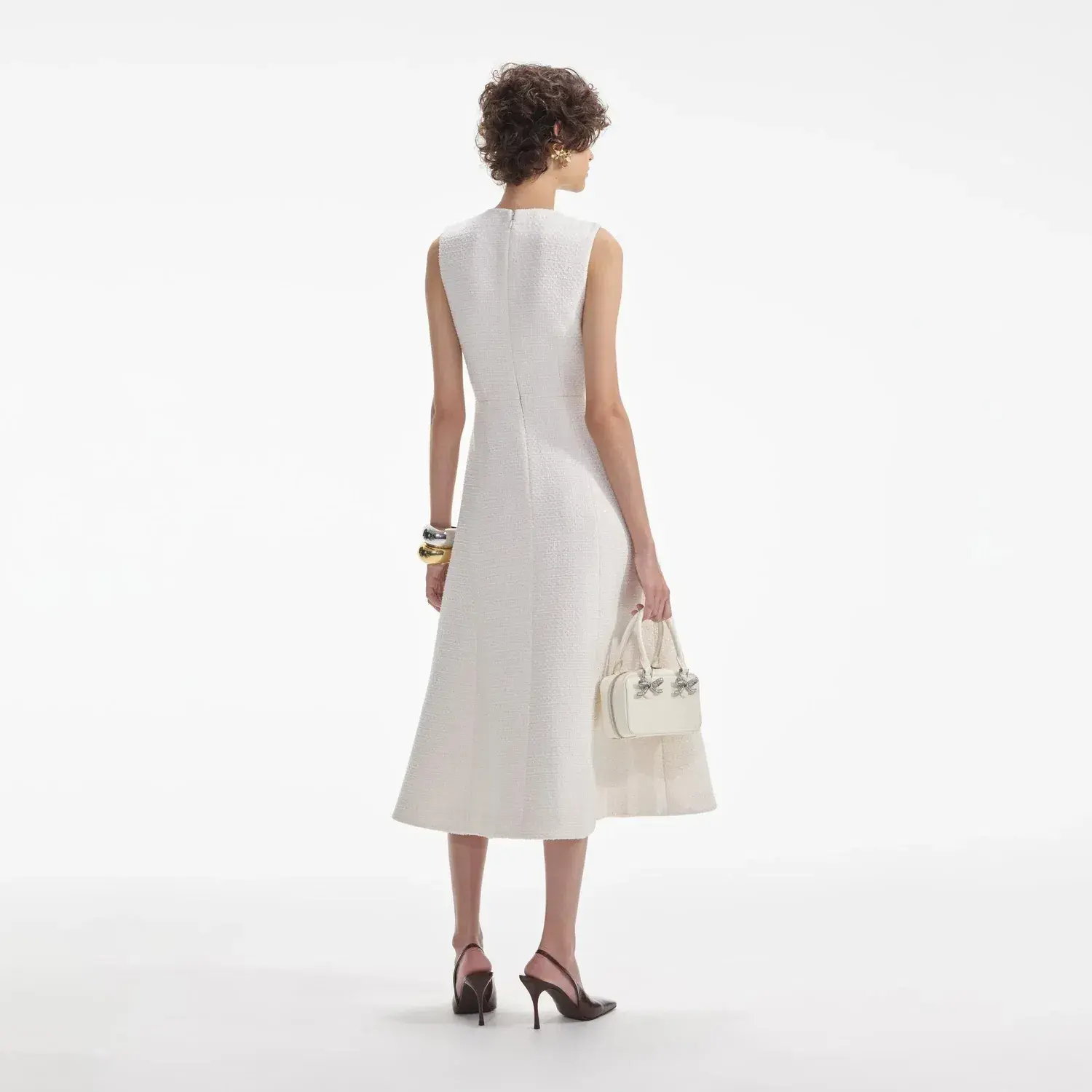 Self-Portrait Cream Tinsel Boucle Buttoned Midi Dress Size 10 - Image 3