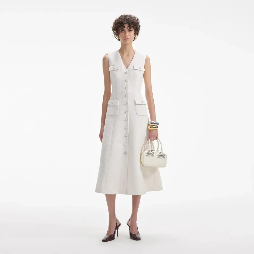 Self-Portrait Cream Tinsel Boucle Buttoned Midi Dress Size 10 for rent on The Volte - main image