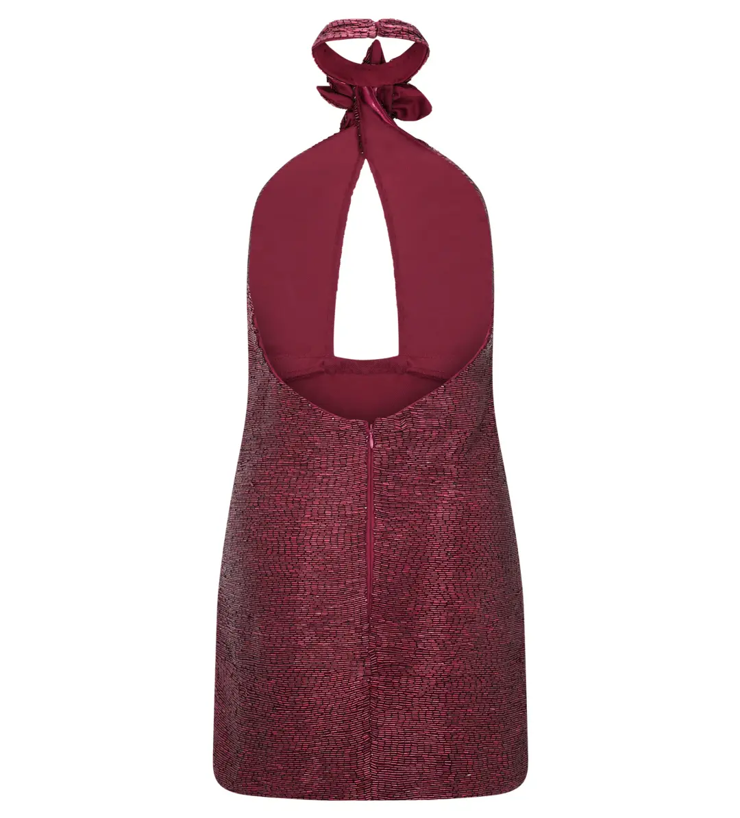 Meshk Nylah Beaded Halter Mini Dress Burgundy Size 6 for rent on The Volte - main image
