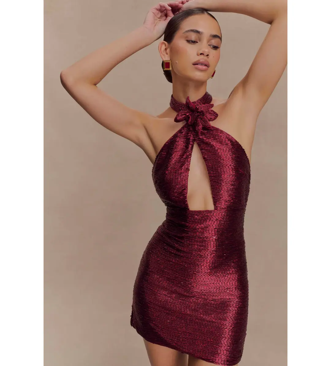 Meshk Nylah Beaded Halter Mini Dress Burgundy Size 6 for rent on The Volte - main image
