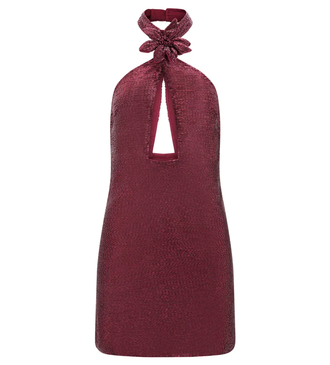 Meshk Nylah Beaded Halter Mini Dress Burgundy Size 6 for rent on The Volte - main image