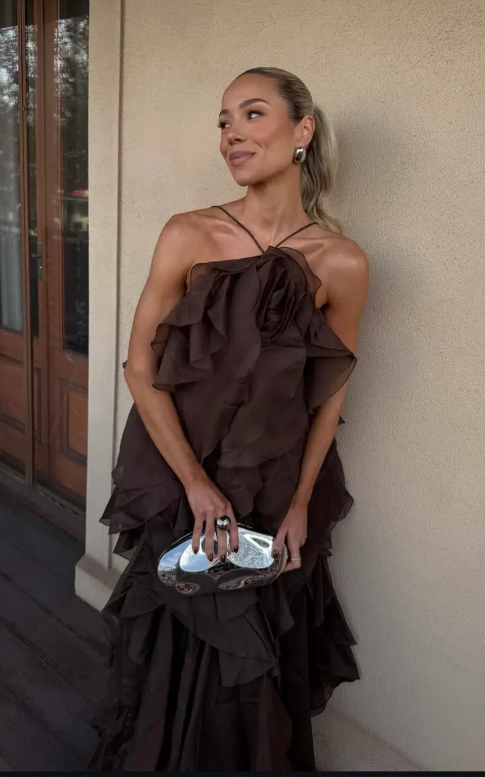 Aje Pandorea Layered Maxi Dress Carob in Brown Size 10 for rent on The Volte - main image