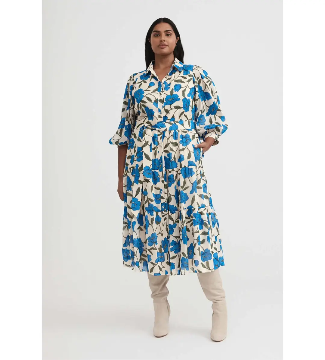 Witchery Blue Violet Silk Linen Shirt Midi Dress Lapis Size 8 for rent on The Volte - main image