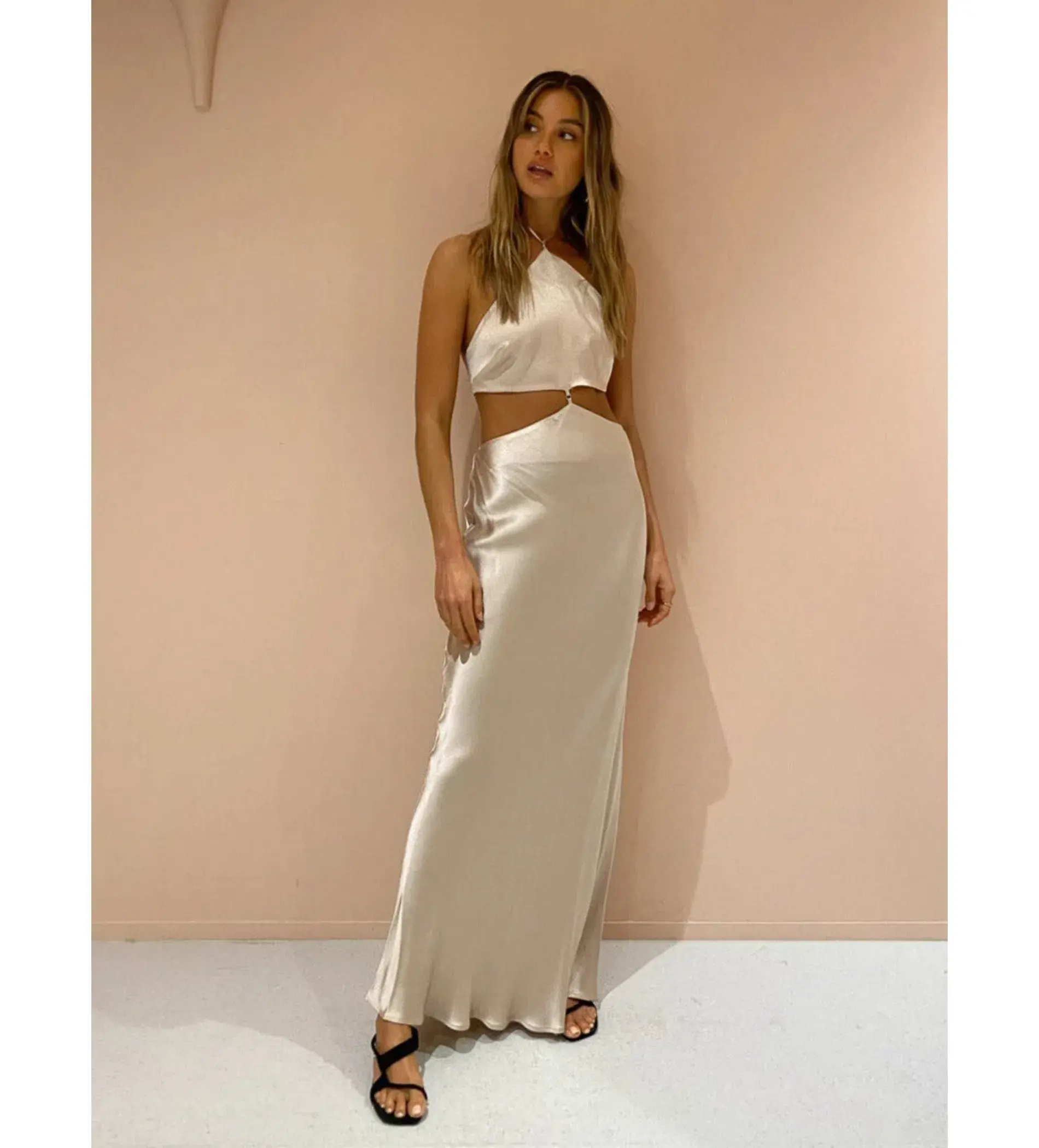 Bec & Bridge Kara Halter Maxi Satin Cut-out Dress in Sand Size AU10 - Image 2