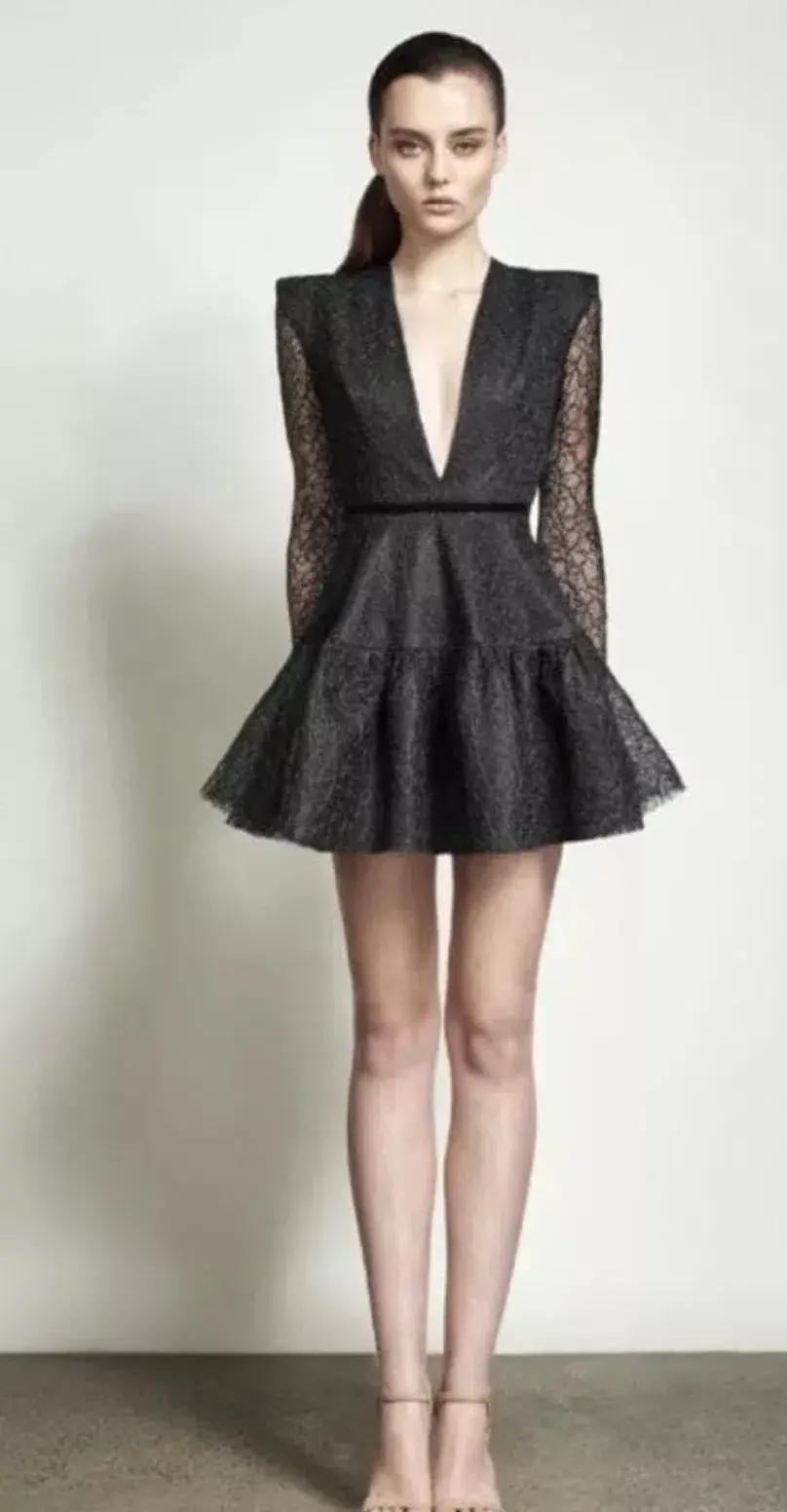 Alex Perry Diana Black Tulle Long Sleeve Mini Dress in Black Tulle Size AU 4  - Image 2