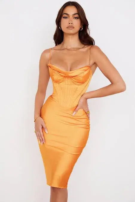 House of CB Myrna Tangerine Satin Corset Midi Dress Size 8 - Image 1