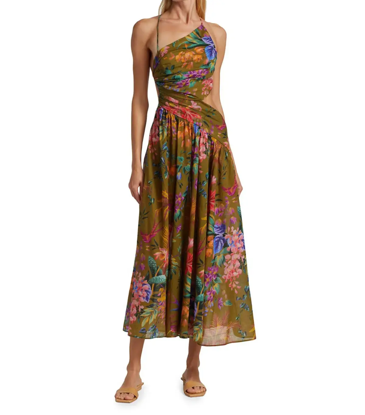 Zimmermann Tropicana Asymmetric Midi Dress in Khaki Floral Size 0 / AU 8 - Image 1