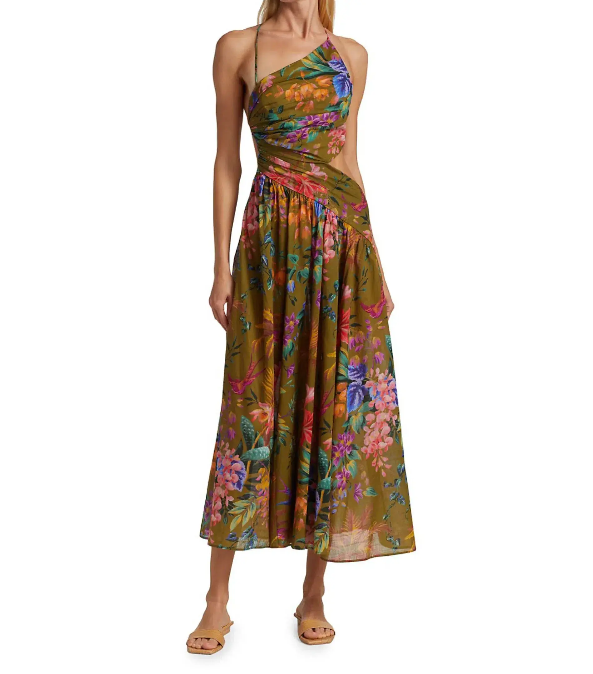 Zimmermann Tropicana Asymmetric Midi Dress in Khaki Floral Size 0 / AU 8 - Image 1