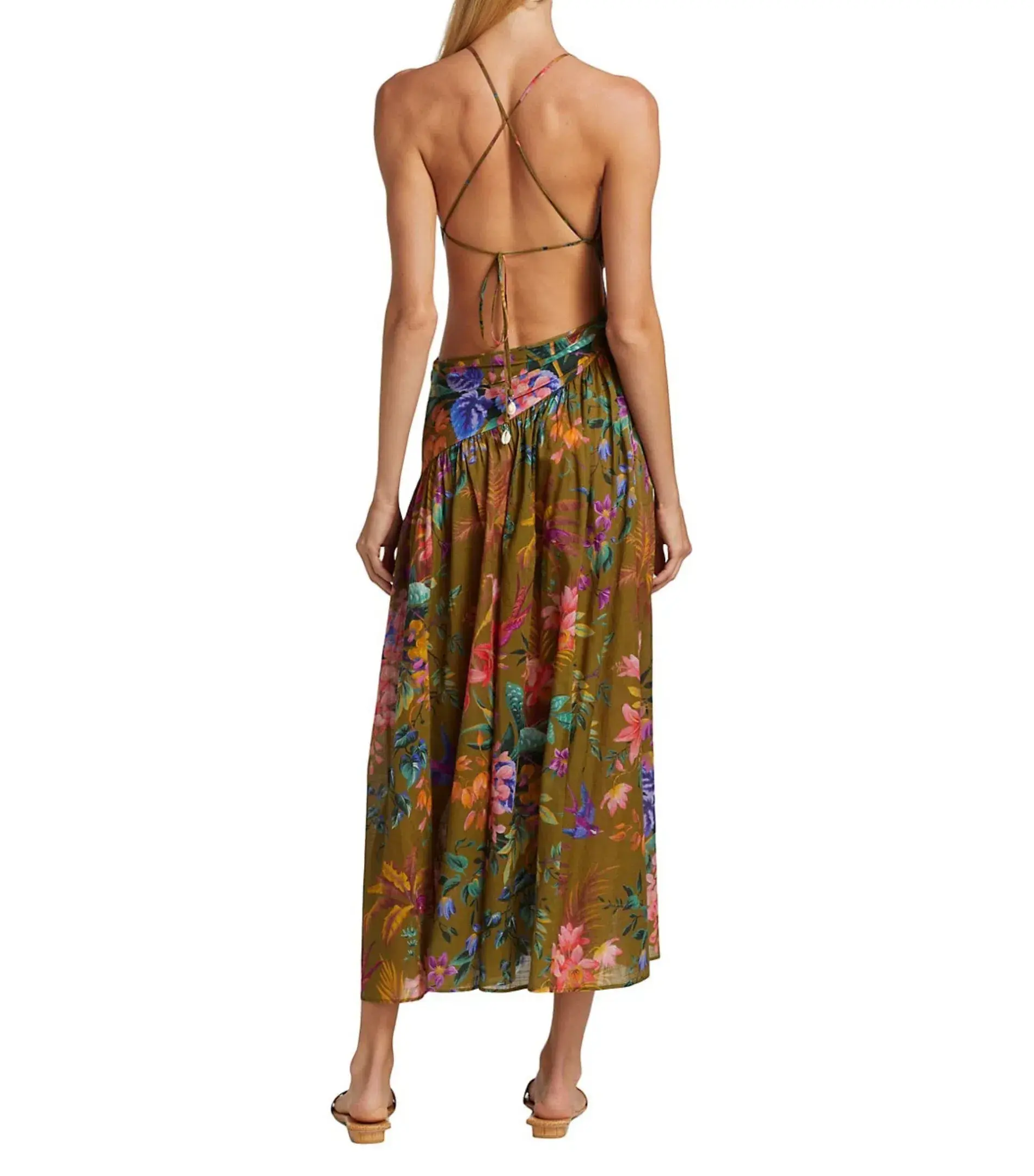 Zimmermann Tropicana Asymmetric Midi Dress in Khaki Floral Size 0 / AU 8 - Image 2