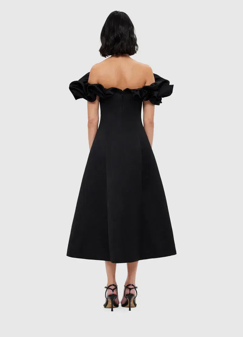 Leo Lin Annie Off Shoulder Frill Midi Dress Black Size 10  for rent on The Volte - main image