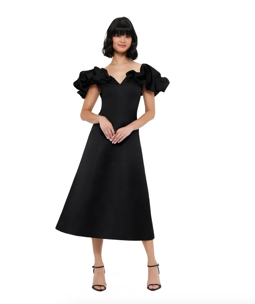 Leo Lin Annie Off Shoulder Frill Midi Dress Black Size 10  - Image 1
