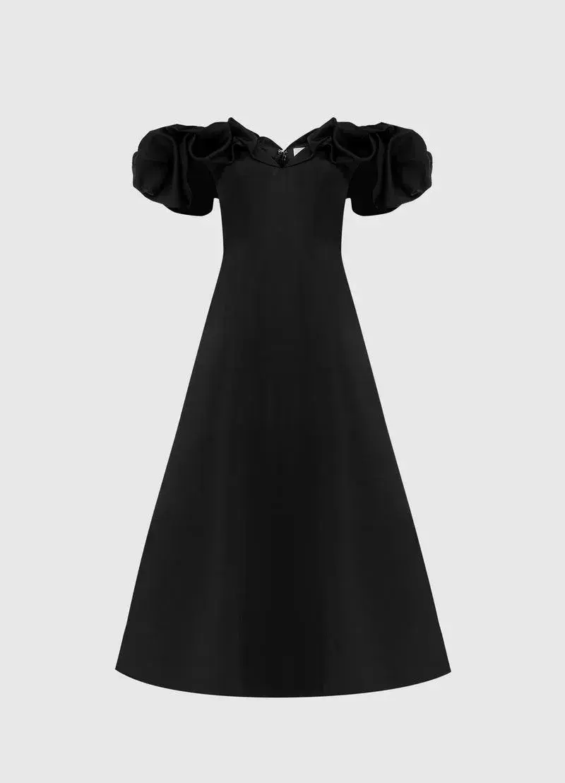 Leo Lin Annie Off Shoulder Frill Midi Dress Black Size 10  for rent on The Volte - main image