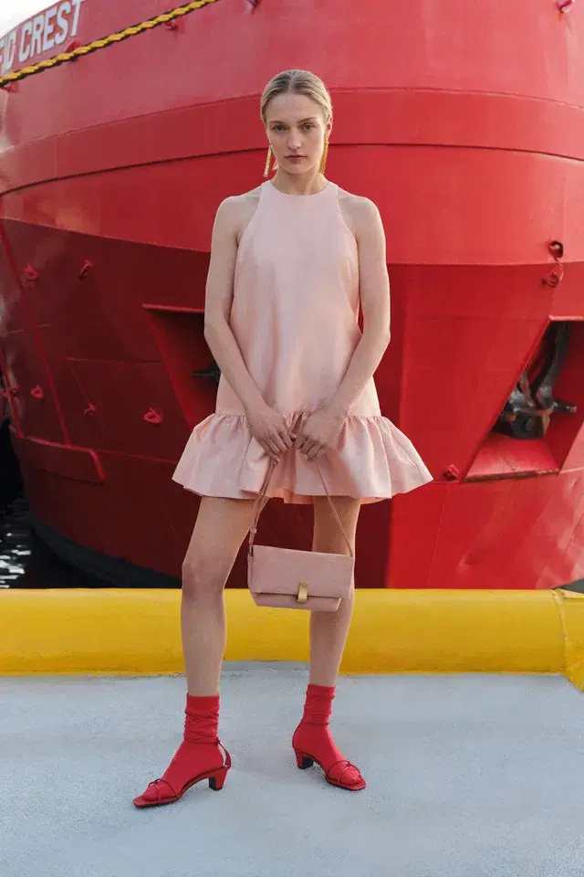 Oroton Halter Mini Dress Apple Peach Size 6 for rent on The Volte - main image