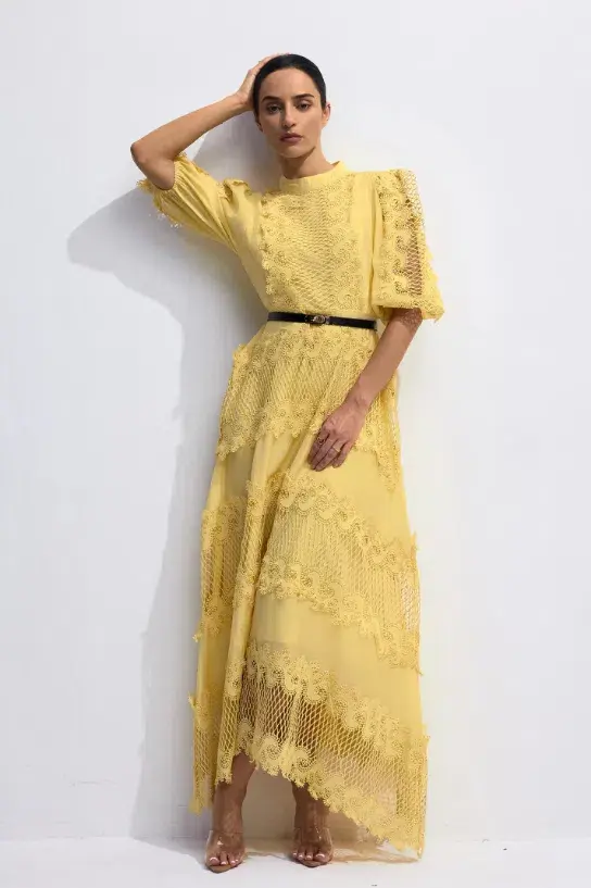 Sunfere Alanna Embroidered Lace Puff Sleeve Maxi Dress Yellow Size AU 10 - Image 1