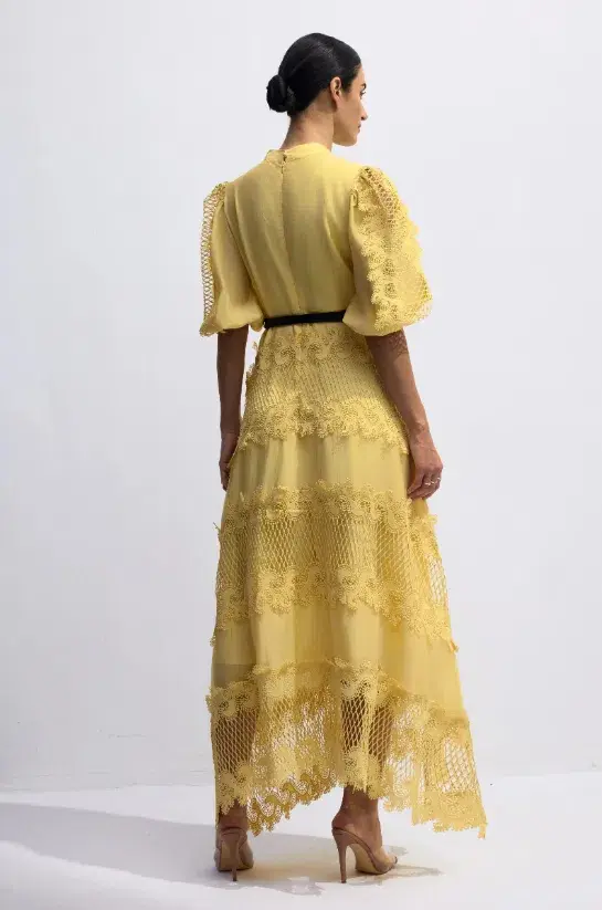 Sunfere Alanna Embroidered Lace Puff Sleeve Maxi Dress Yellow Size AU 10 - Image 2
