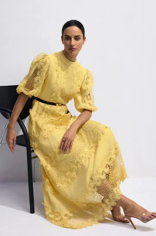 Sunfere Alanna Embroidered Lace Puff Sleeve Maxi Dress Yellow Size AU 10 - Image 3