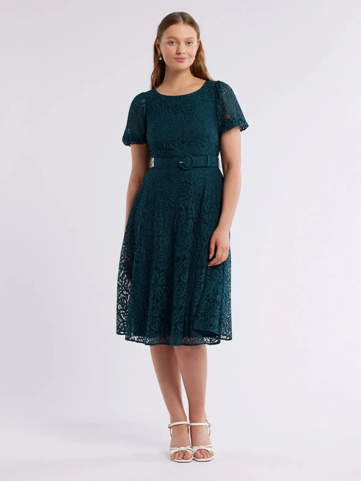 Review Emerald Short Puff Sleeves Avette Lace Knee Length Dress Green Size 12 - Image 1