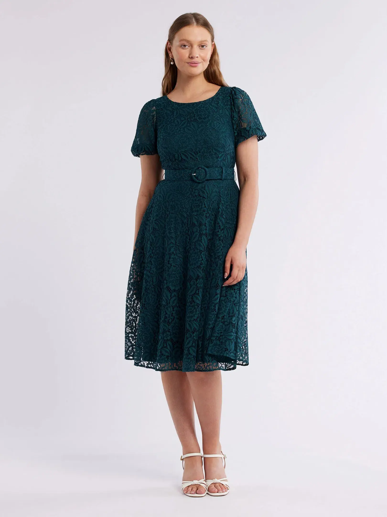 Review Emerald Short Puff Sleeves Avette Lace Knee Length Dress Green Size 12 - Image 1