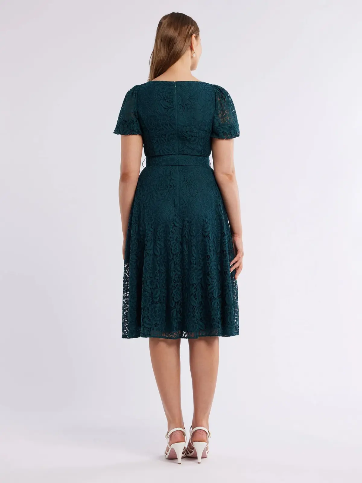 Review Emerald Short Puff Sleeves Avette Lace Knee Length Dress Green Size 12 - Image 4