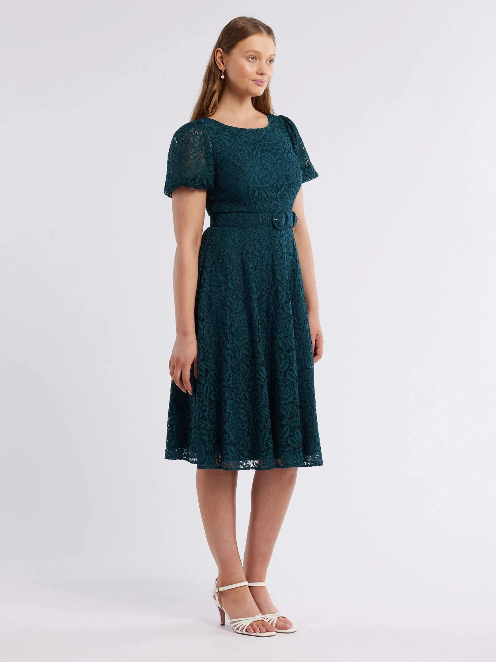 Review Emerald Short Puff Sleeves Avette Lace Knee Length Dress Green Size 12 - Image 2