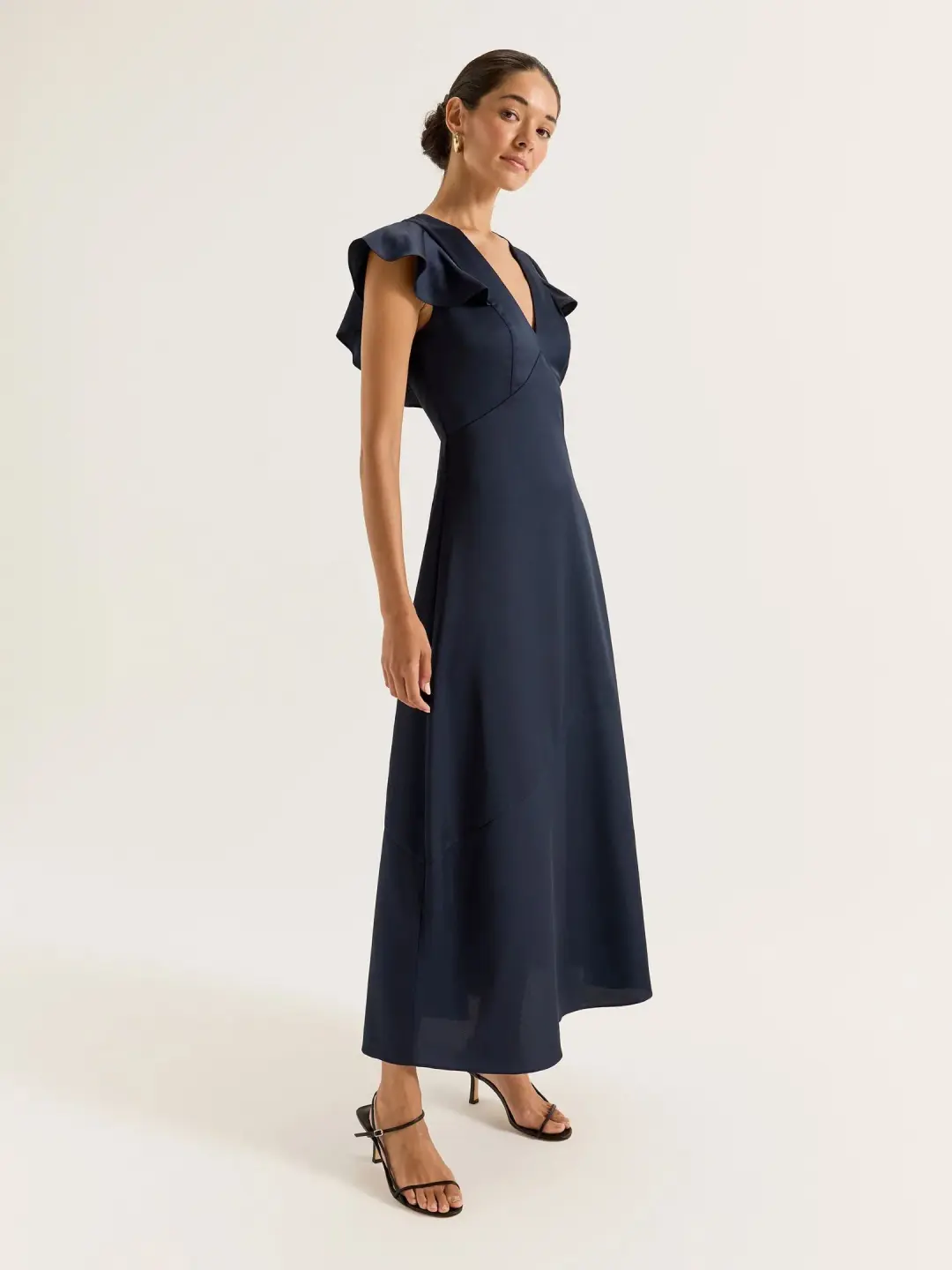 Review Montreal Flounce Sleeve Satin Maxi Dress Navy Size 12 for rent on The Volte - main image