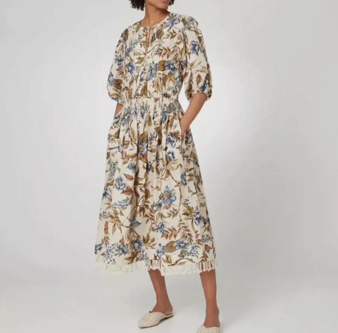 Zimmermann Aliane Shirred Waist Linen Midi Dress Blue Floral Size 2 / AU 12 - Image 1