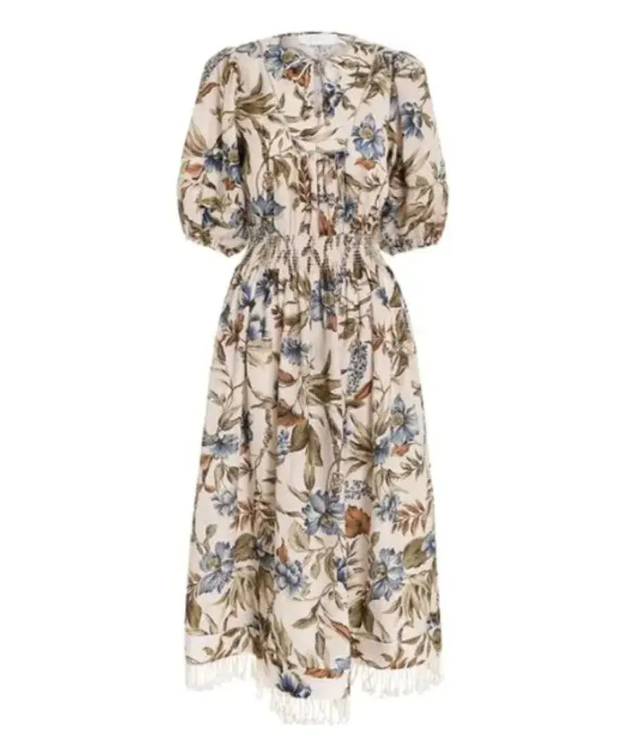 Zimmermann Aliane Shirred Waist Linen Midi Dress Blue Floral Size 2 / AU 12 - Image 3