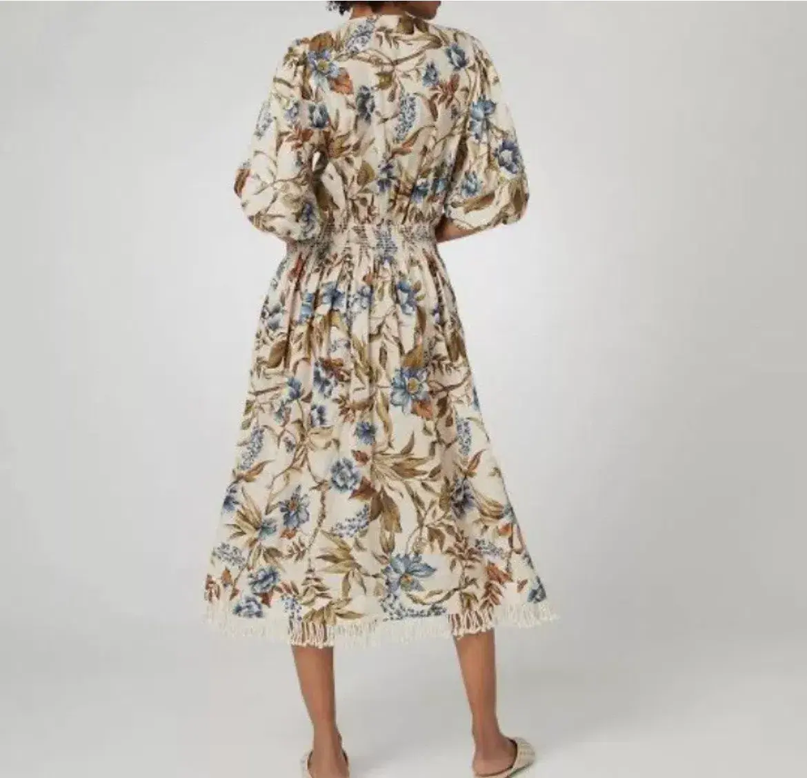 Zimmermann Aliane Shirred Waist Linen Midi Dress Blue Floral Size 2 / AU 12 - Image 2
