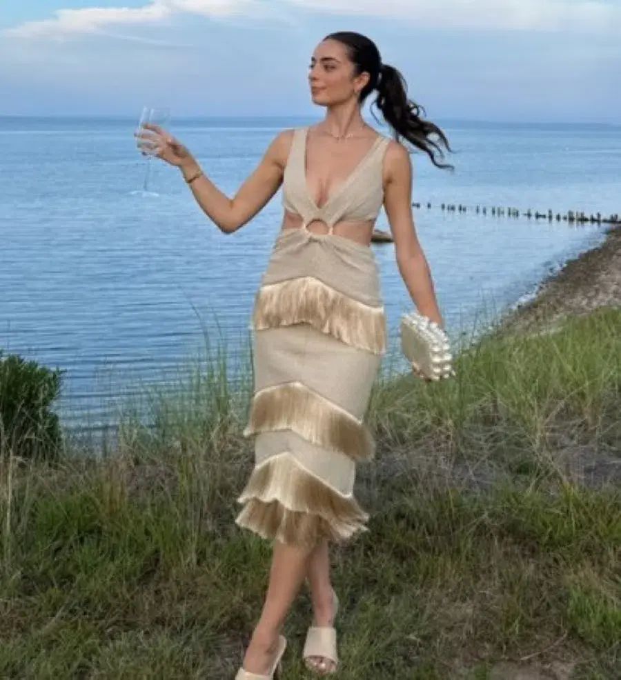 PatBo Fringed Midi Dress Gold Shimmer Tassel Size AU 10  - Image 1