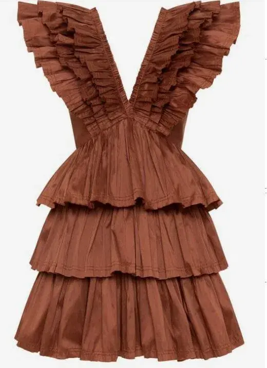 Aje Rhythmic Frill Dress Coffee Size 12 - Image 3