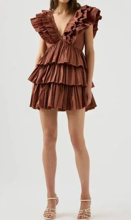 Aje Rhythmic Frill Dress Coffee Size 12 for rent on The Volte - main image