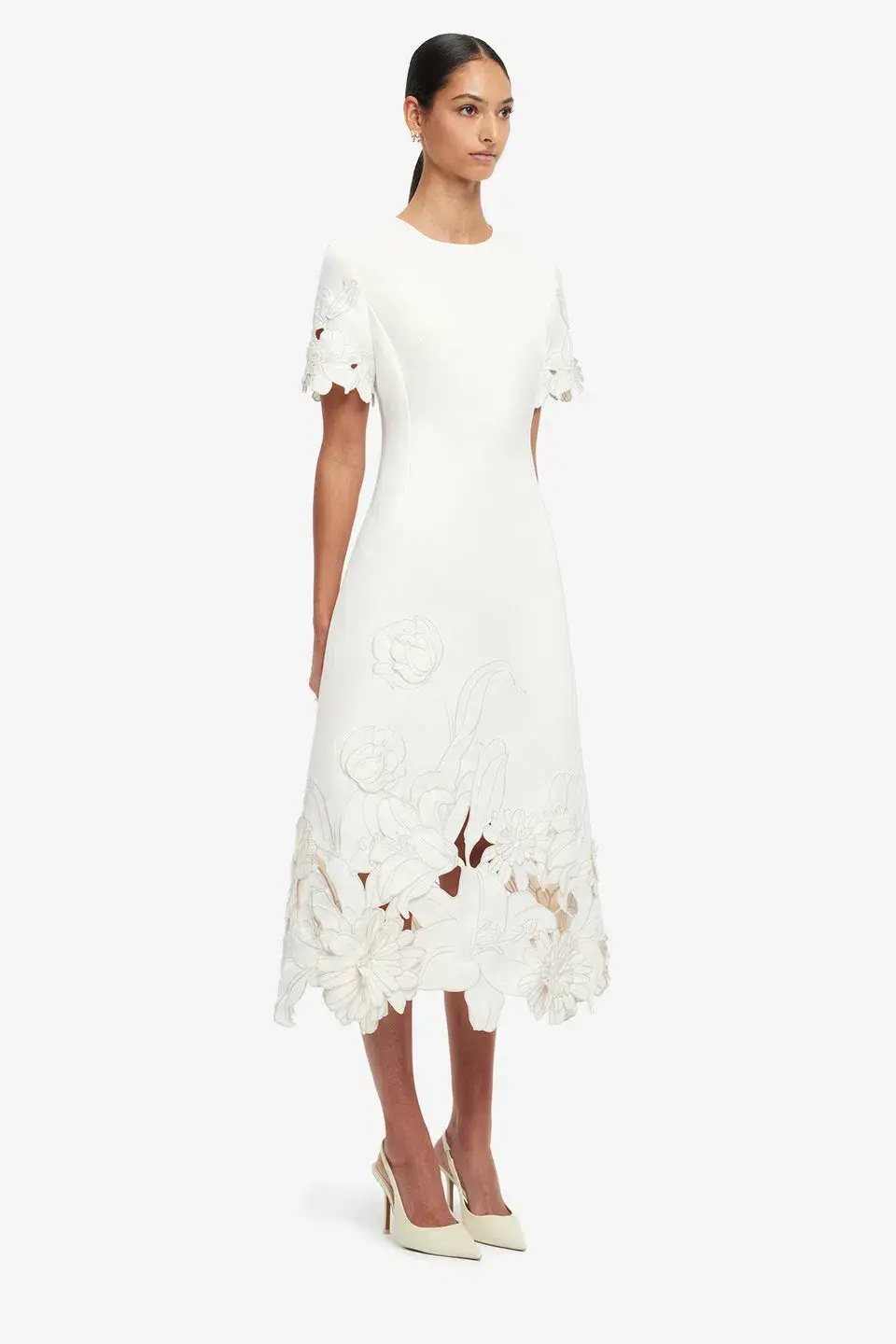  Leo Lin Caroline Applique Short Sleeve Midi Dress Ivory Size 10 for rent on The Volte - main image