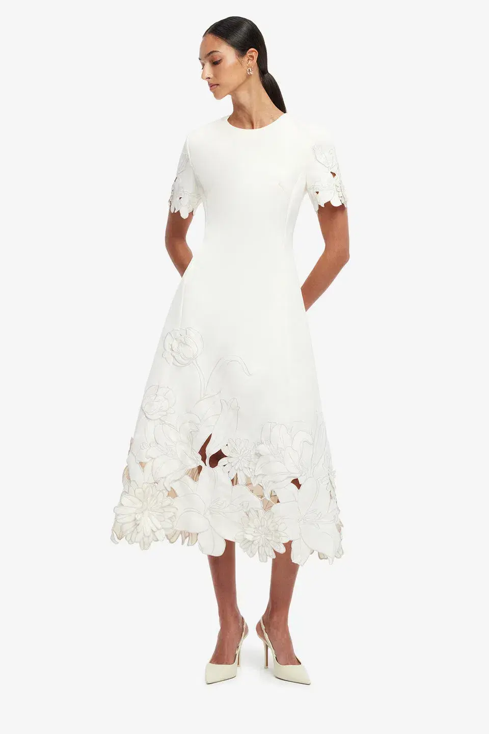  Leo Lin Caroline Applique Short Sleeve Midi Dress Ivory Size 10 - Image 2