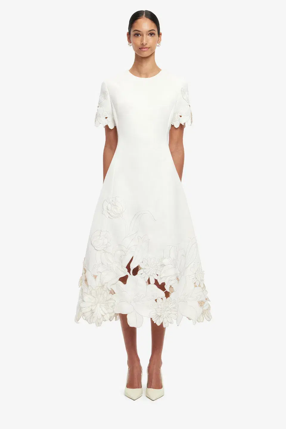  Leo Lin Caroline Applique Short Sleeve Midi Dress Ivory Size 10 for rent on The Volte - main image