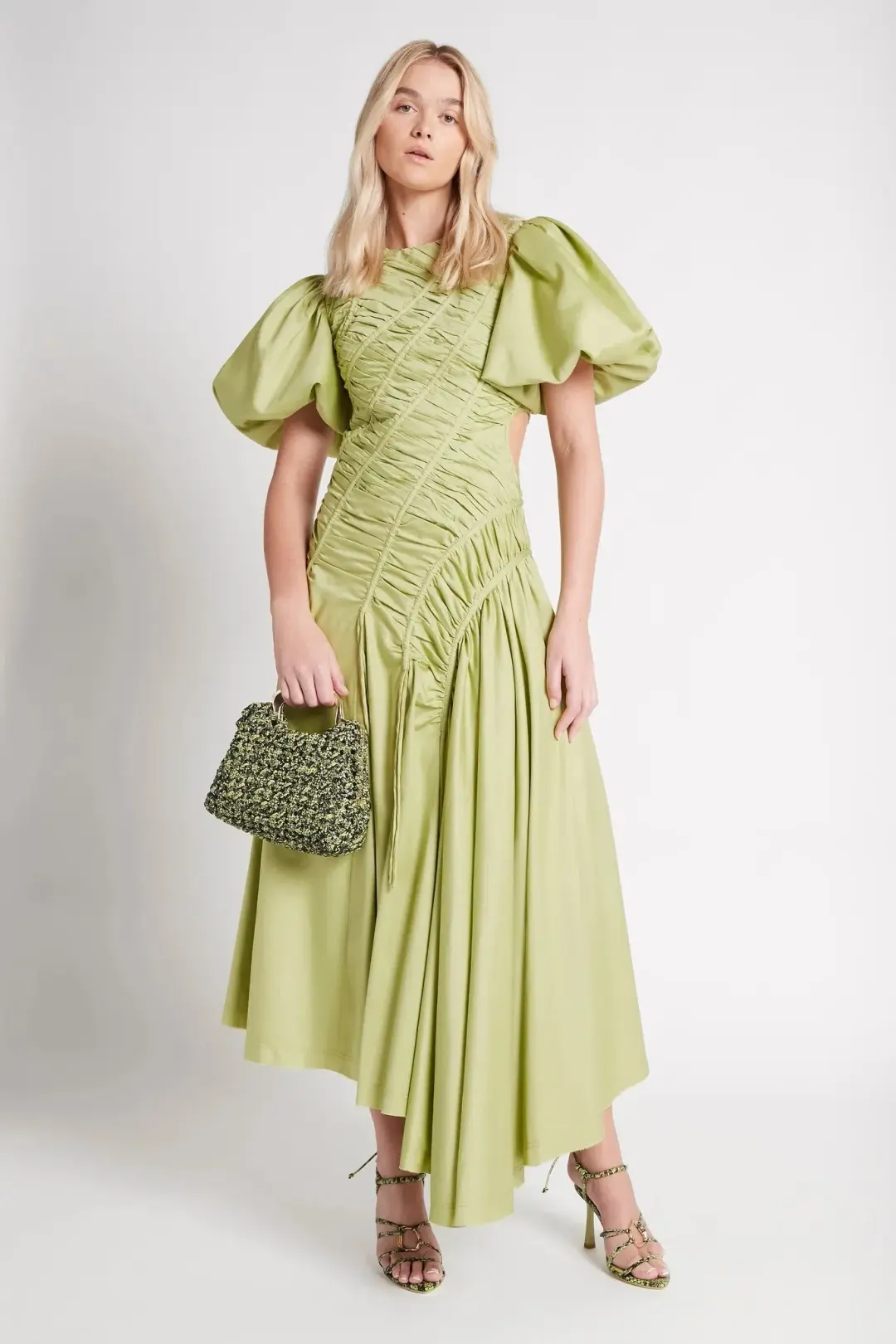 Aje Siren Drawstring Midi Dress Bayleaf Green Size 16 for rent on The Volte - main image