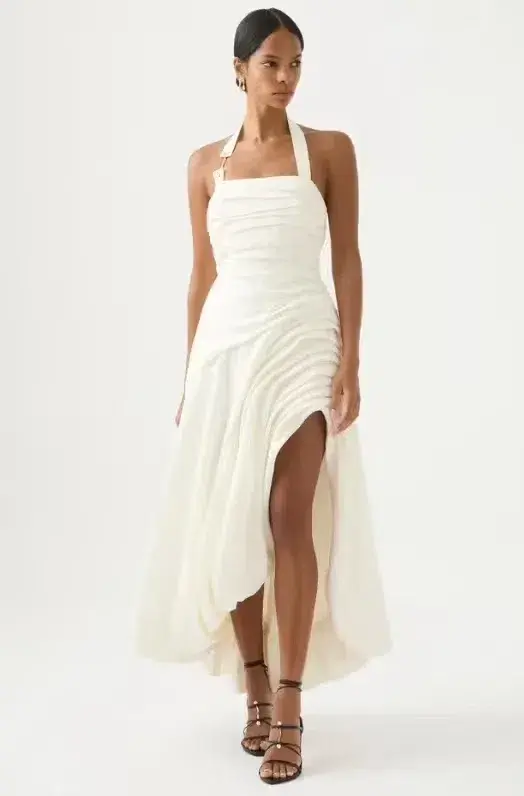 Aje Mika Draped Split Midi Dress Ivory Size AU 16 - Image 1