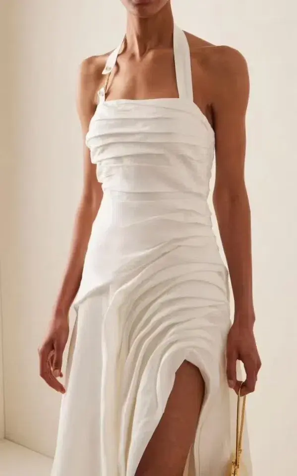 Aje Mika Draped Split Midi Dress Ivory Size AU 16 - Image 2