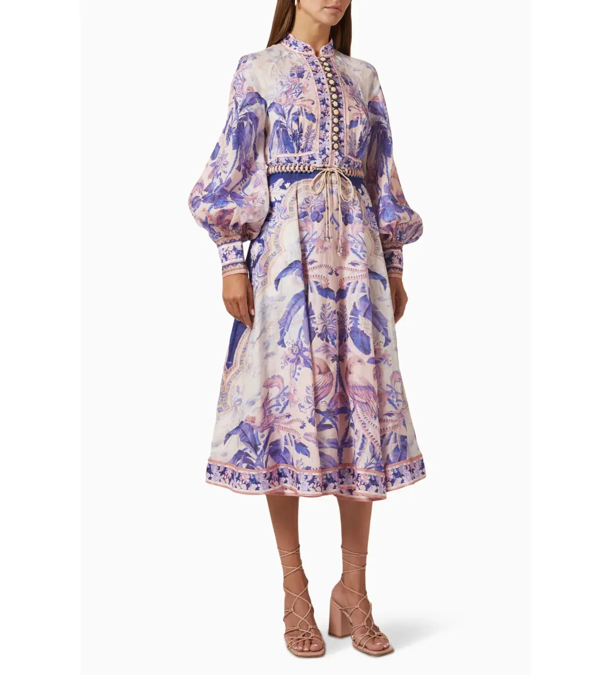 Zimmermann Lyre Billow Sleeve Midi Dress Purple Palm Size 4 AU 16 - Image 4