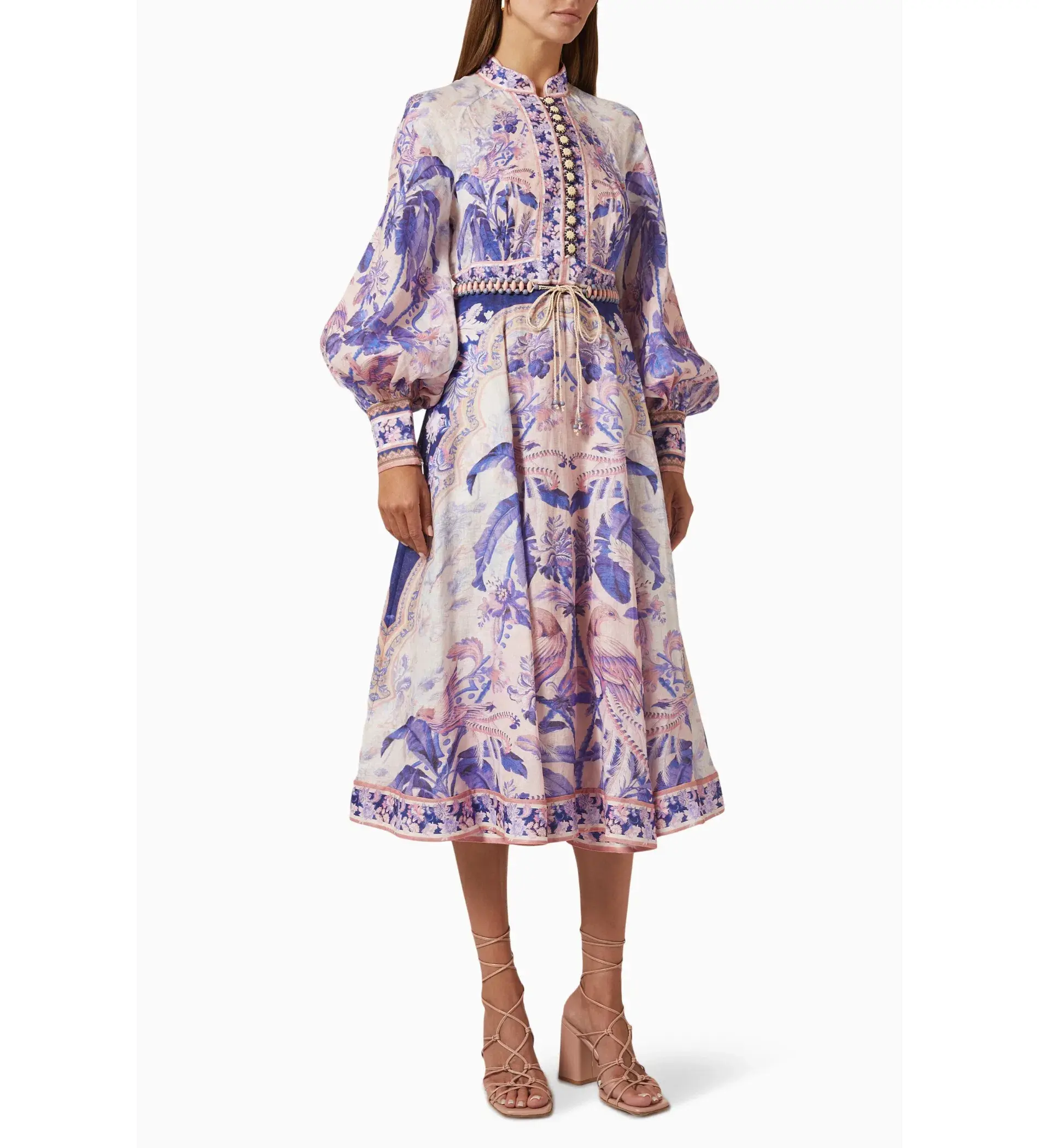 Zimmermann Lyre Billow Sleeve Midi Dress Purple Palm Size 4 AU 16 - Image 4