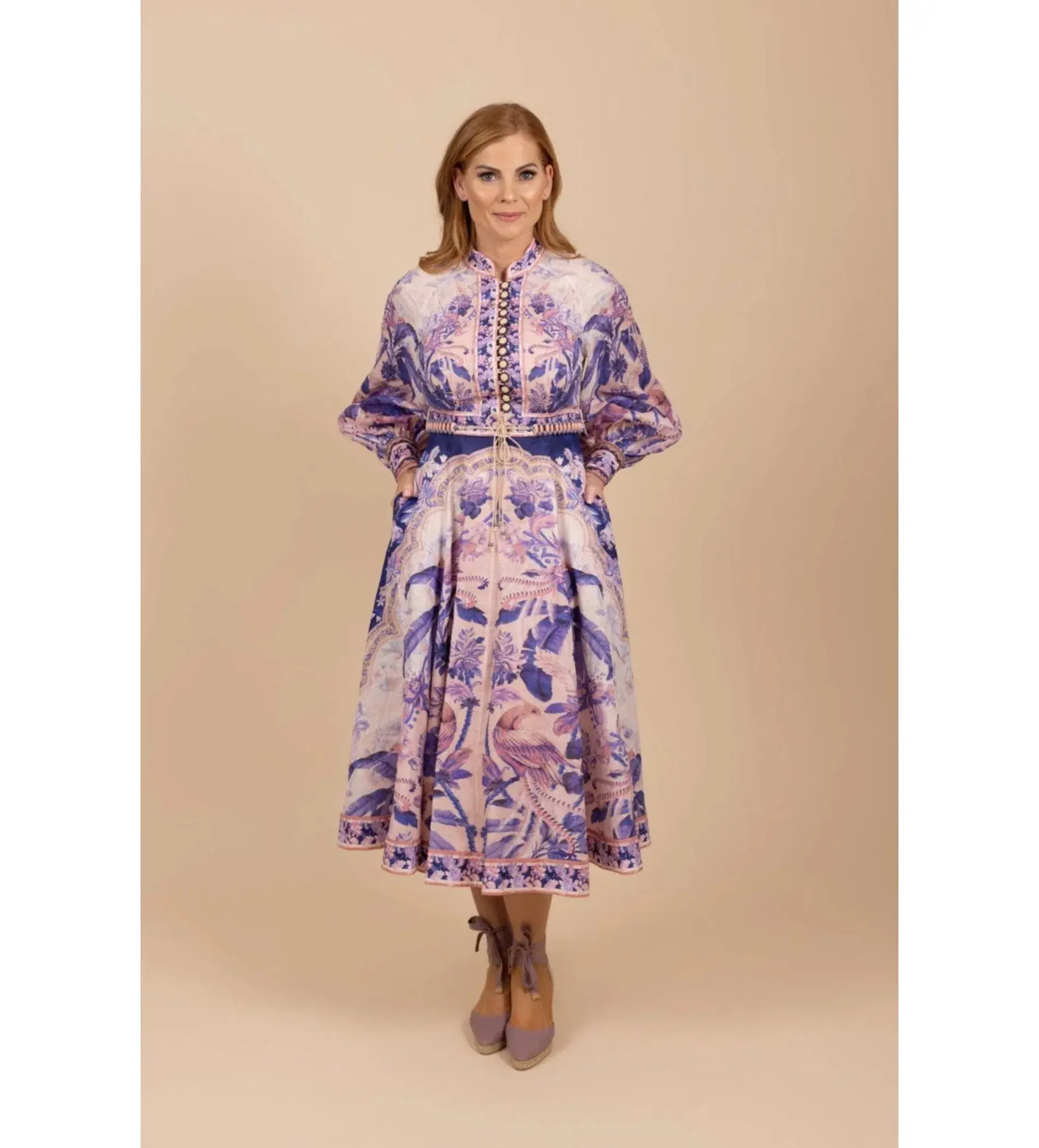 Zimmermann Lyre Billow Sleeve Midi Dress Purple Palm Size 4 AU 16 - Image 2