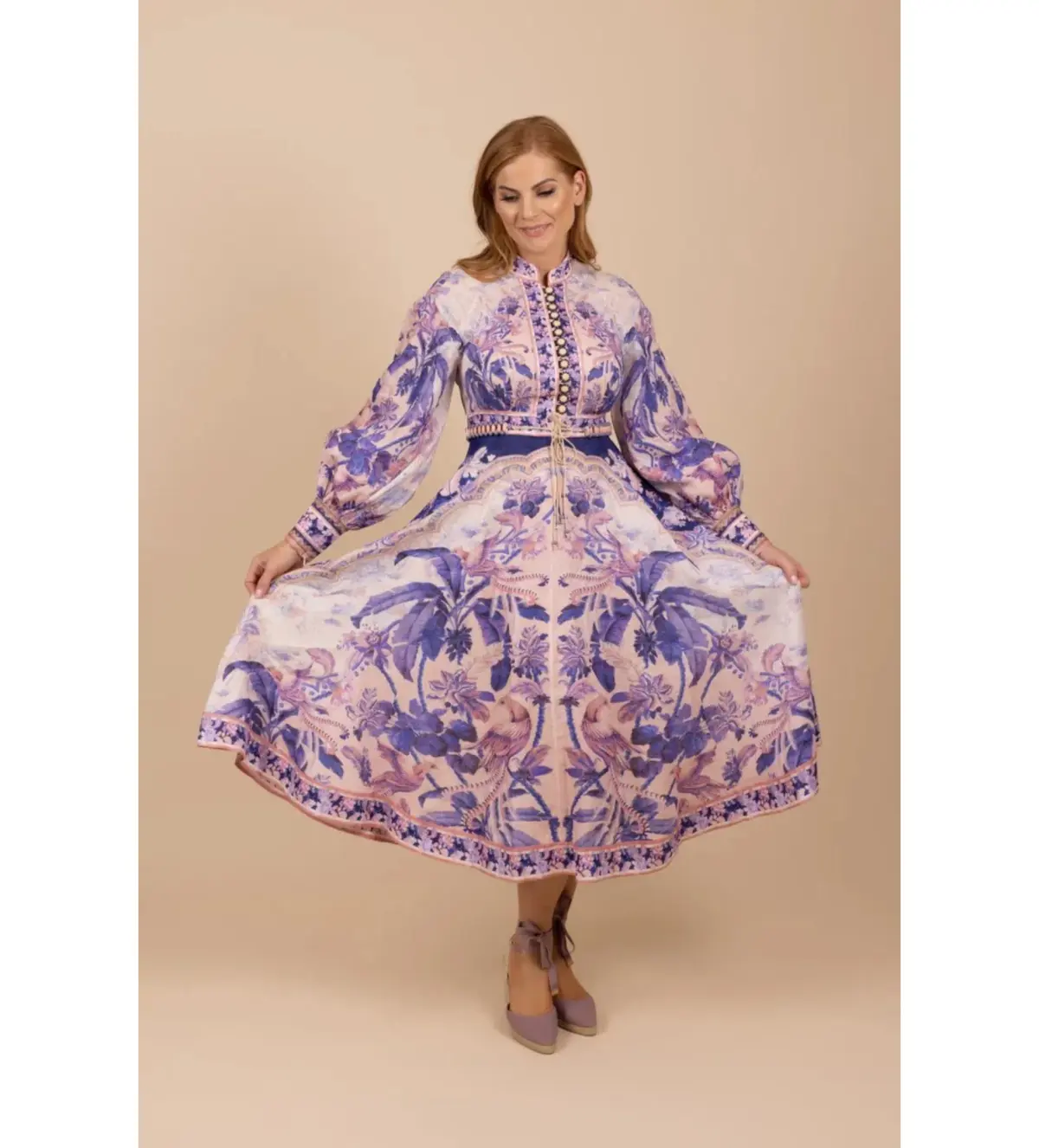 Zimmermann Lyre Billow Sleeve Midi Dress Purple Palm Size 4 AU 16 - Image 3