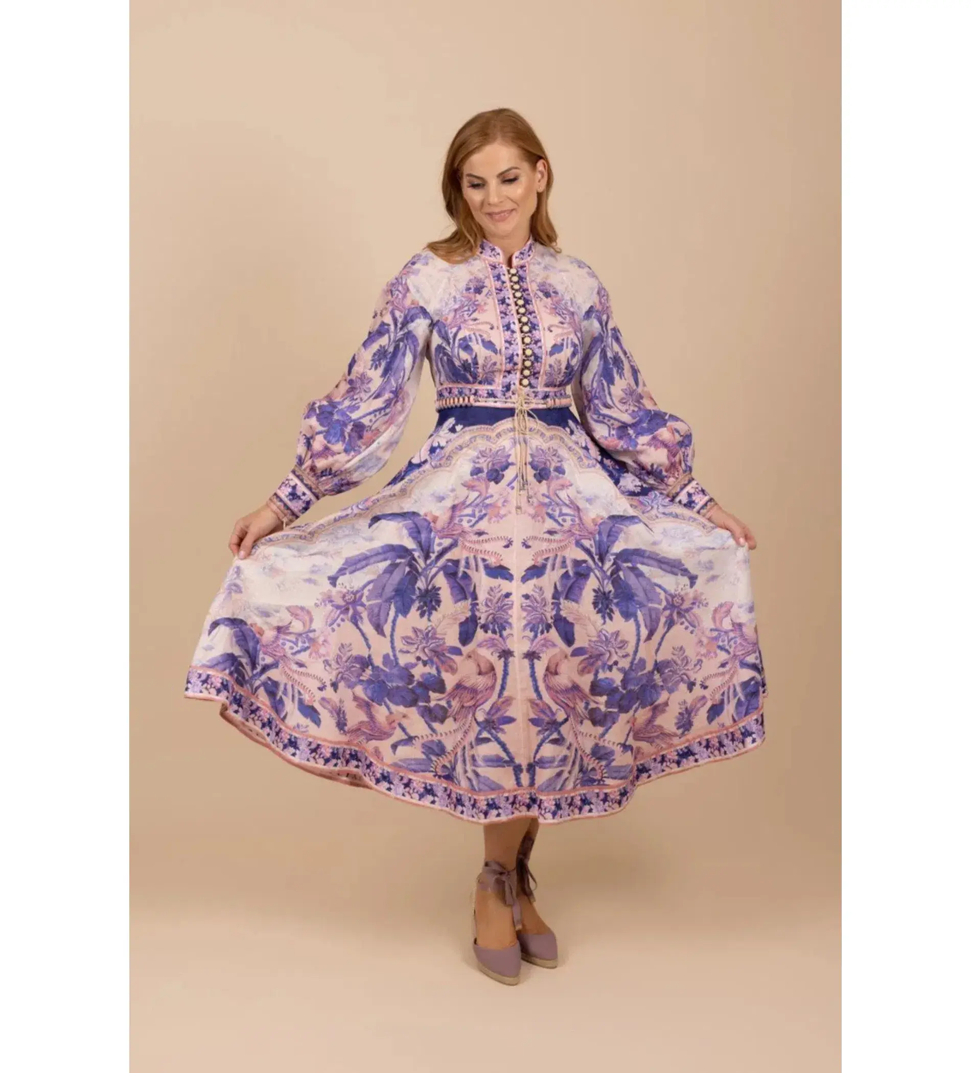 Zimmermann Lyre Billow Sleeve Midi Dress Purple Palm Size 4 AU 16 - Image 3
