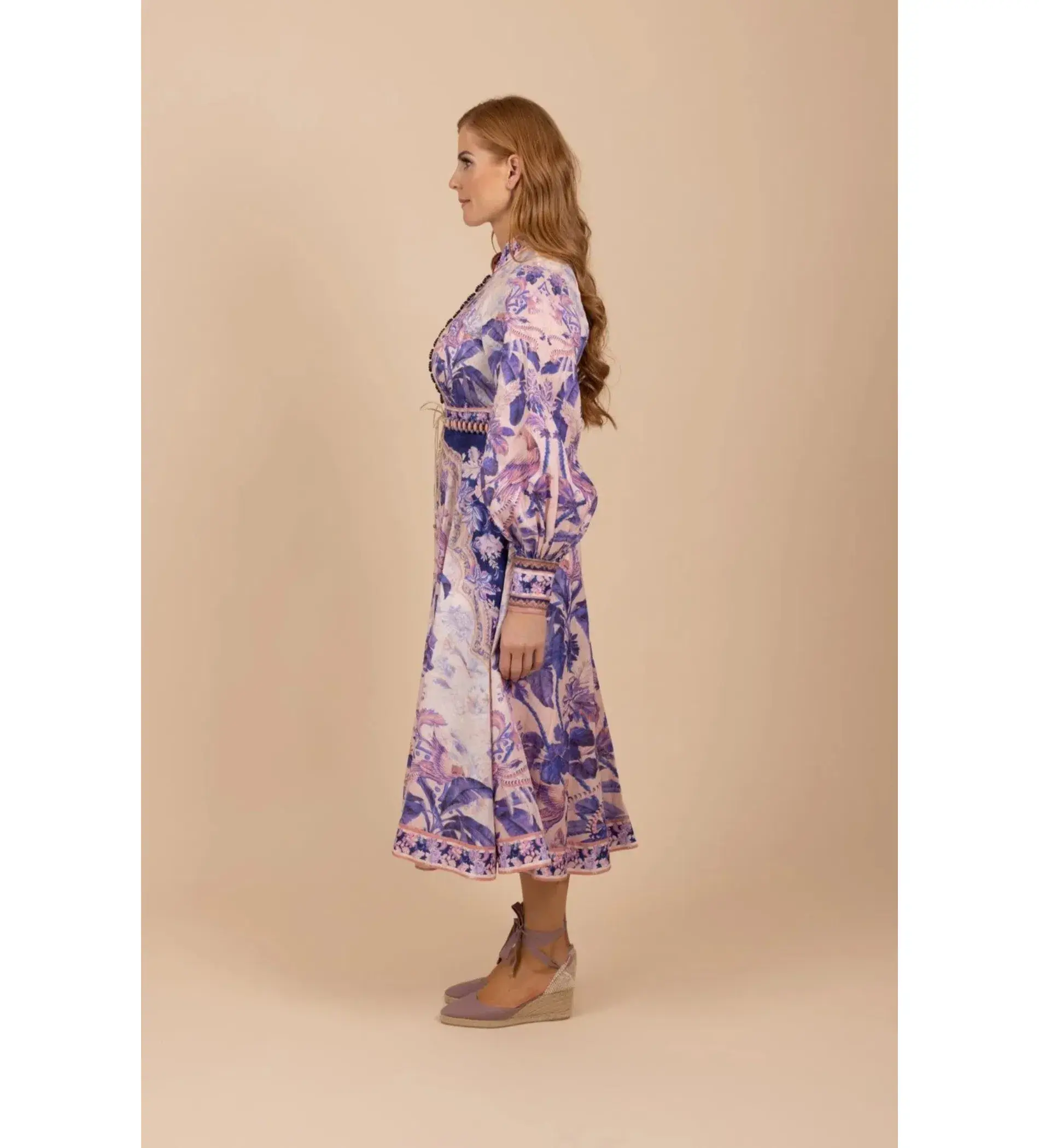 Zimmermann Lyre Billow Sleeve Midi Dress Purple Palm Size 4 AU 16 - Image 5