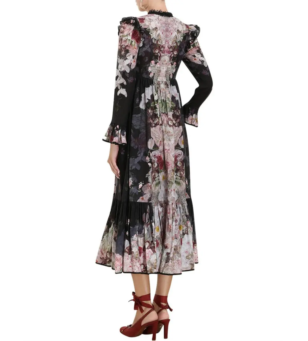 Zimmermann Dancer Tie Neck Midi Dress Black Garden Floral Size 1 AU 10 for rent on The Volte - main image